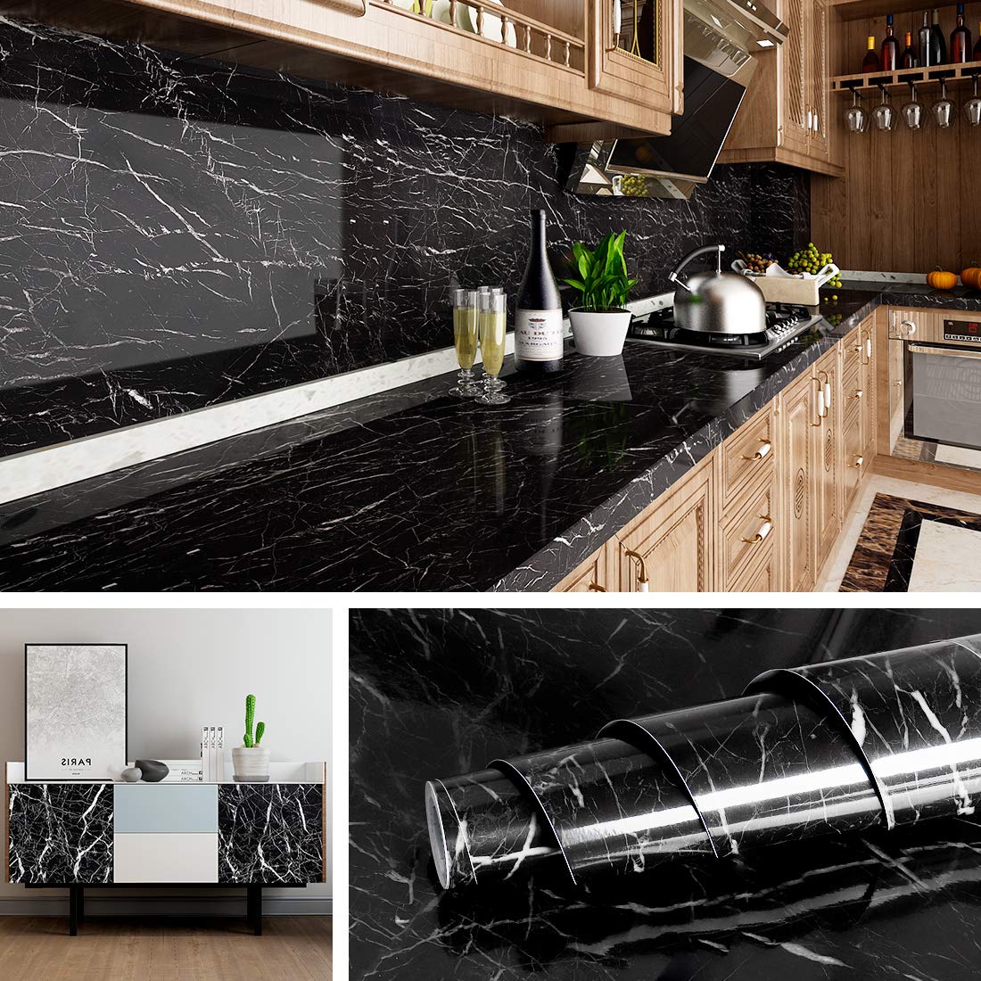 Black Marble Wallpaper for Kitchen Counter Top Waterproof & Oil Proof (1.3 Meter)