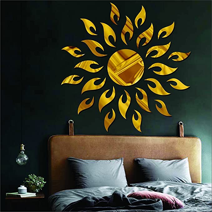 Great Collection - 3D Acrylic Sun Flame Mirror Decorative Wall Stickers  ,(45cm X 45cm) - Pack of 25 (Gold)